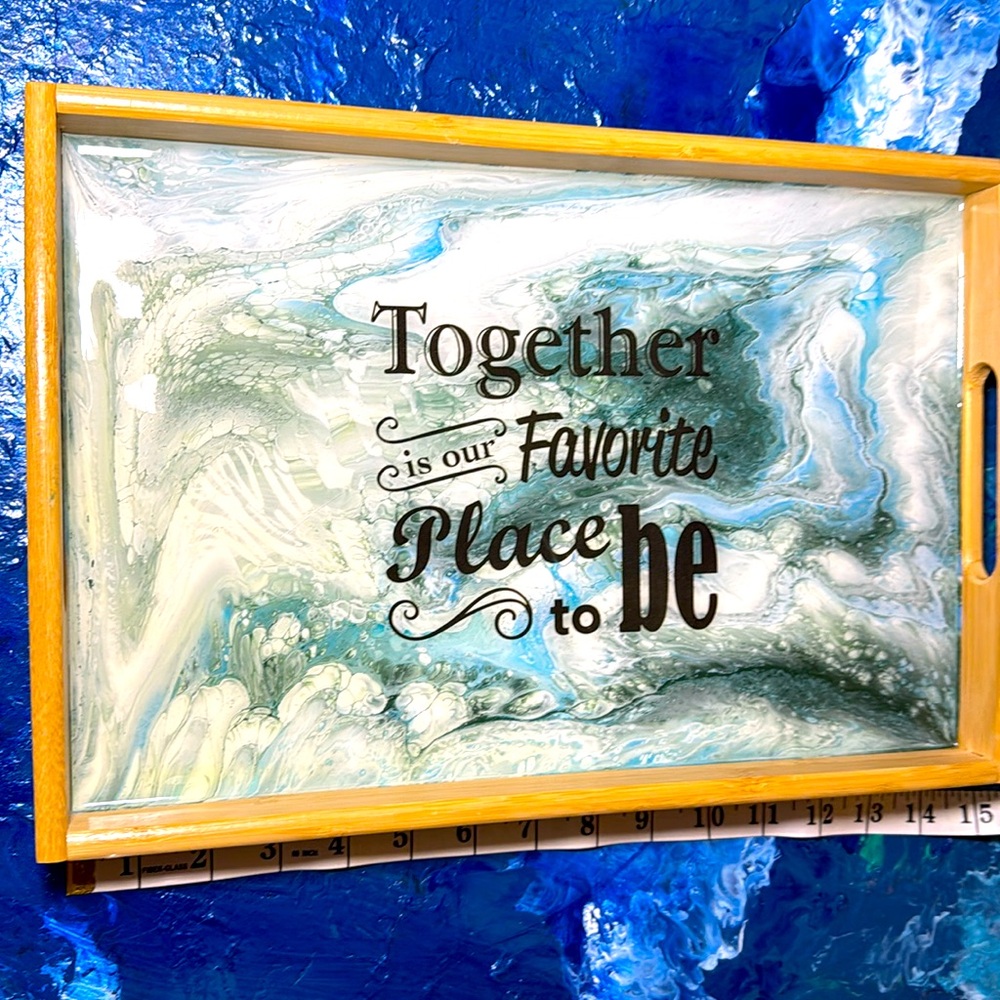 SERVING TRAY- Blues and white swirl design in natural wood. Inspirational Quote